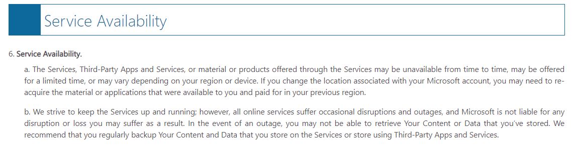 Microsoft Service Availability License Agreement regarding Backup